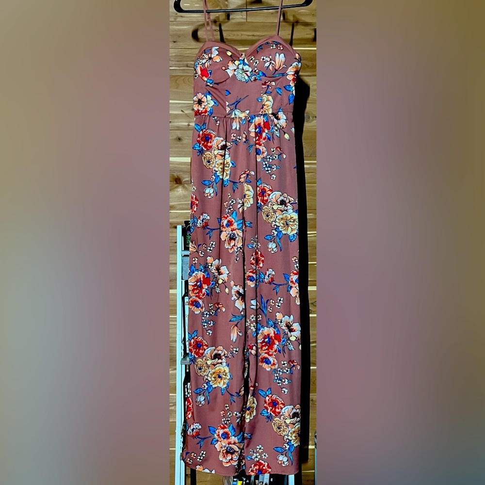 Band of Gypsies spaghetti strap jumper. Pink with floral print.